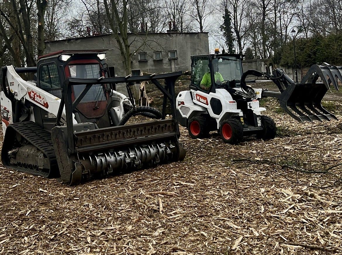 Mulczer leśny Bobcat na gąsienicach i ładowarka Arbo-Bob na zmulczowanej działce
